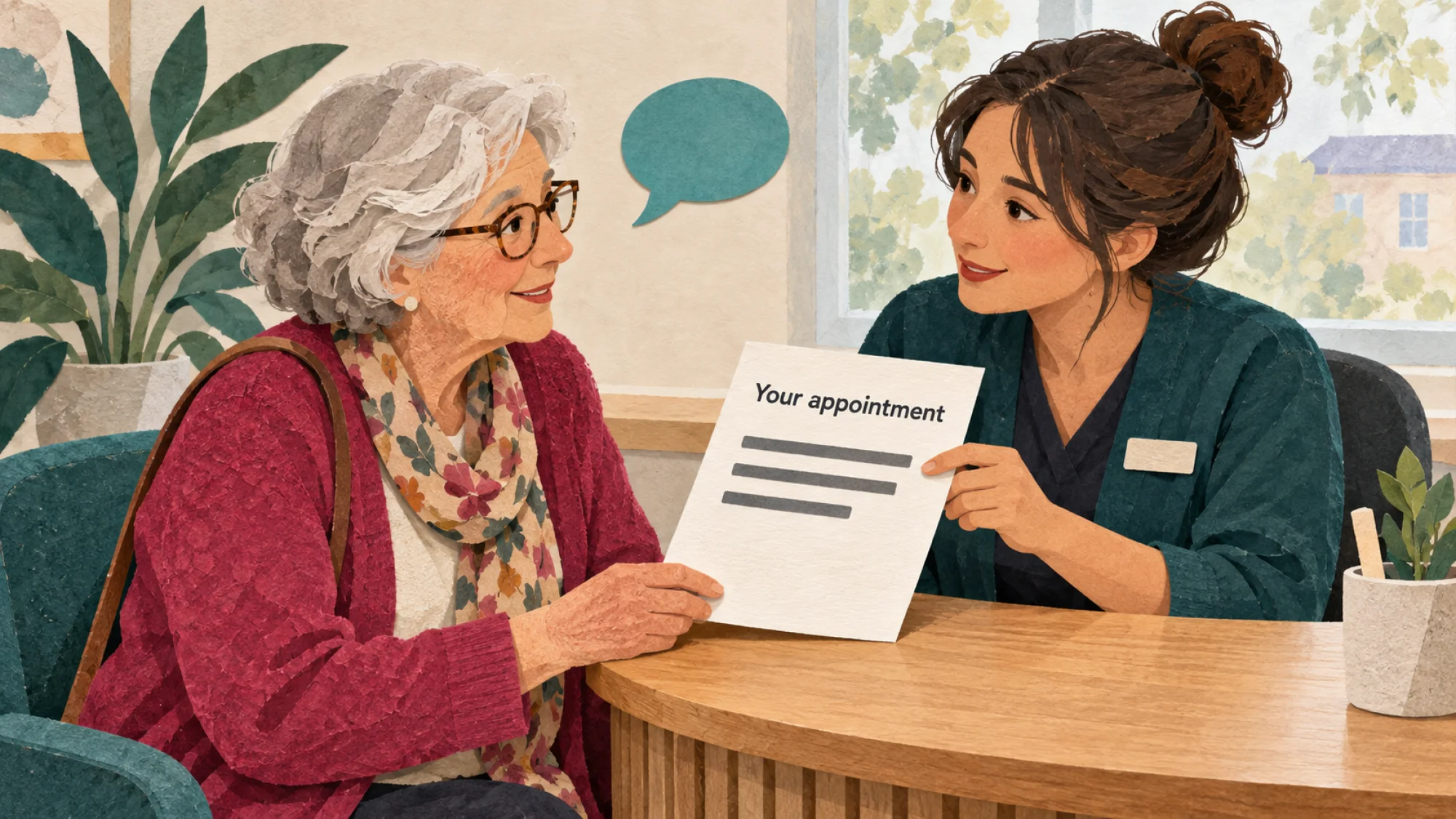 Illustration of a receptionist discussing a large-print appointment letter with a patient.