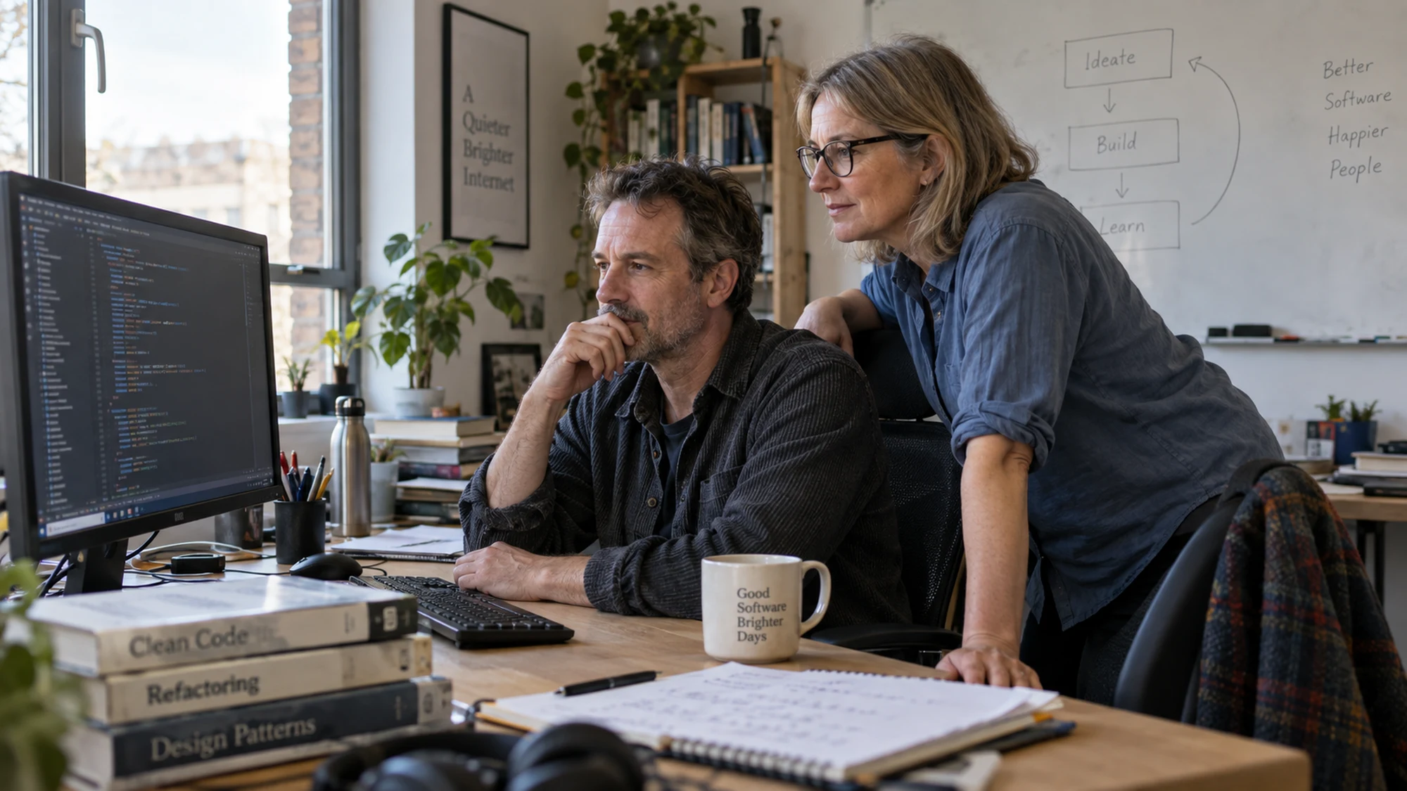 Editorial image of two experienced software developers reviewing code together.