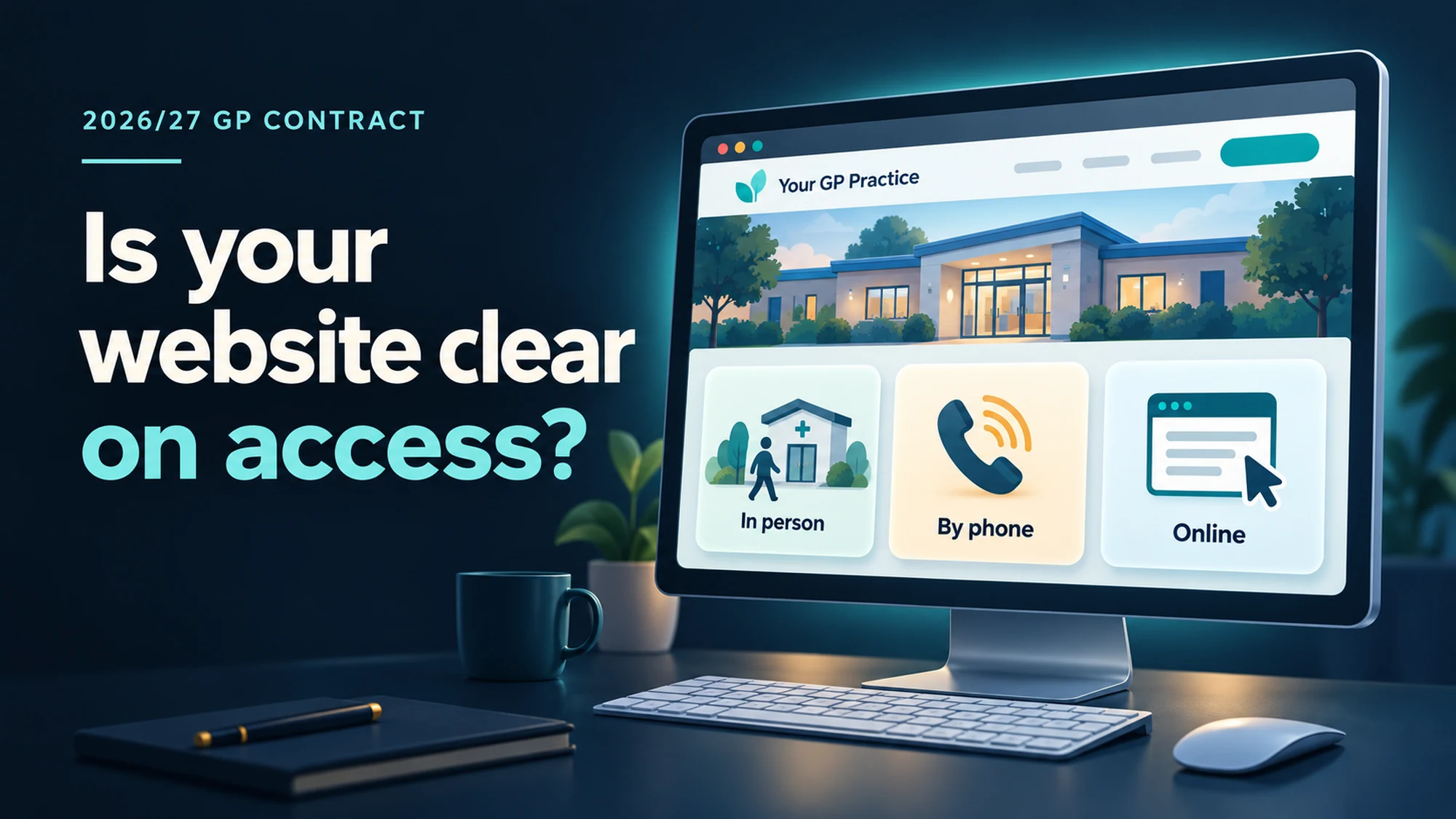 Illustrated GP practice website showing in-person, telephone and online access, alongside the headline: Is your website clear on access?