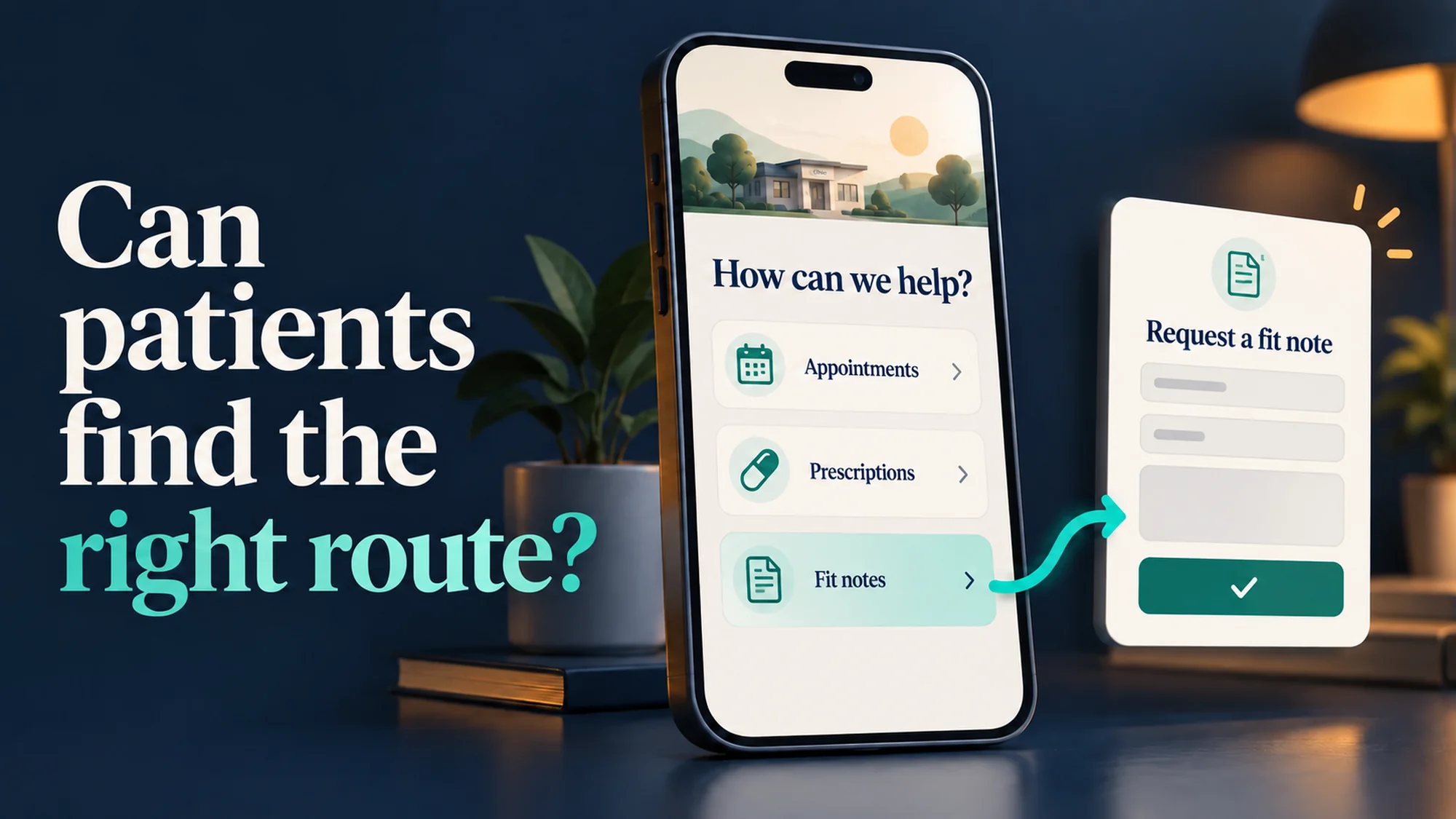 Can patients find the right route? A practice website links its Fit notes option to a Request a fit note form.