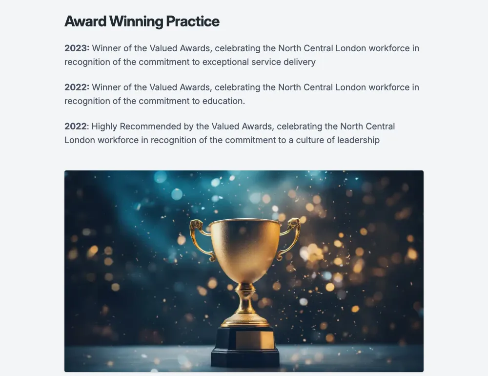 The awards section of the Brunswick Park Medical Practice website, with three awards written out as text
