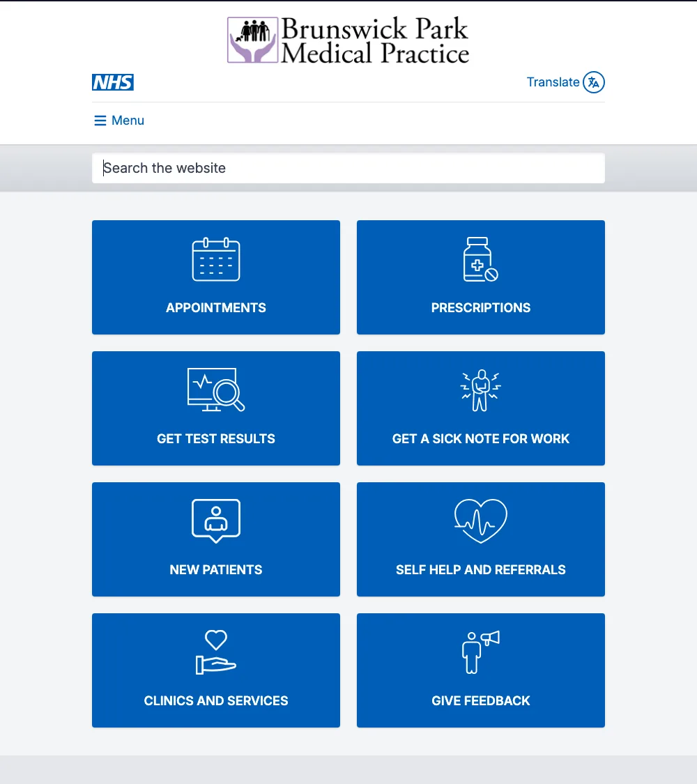 The Brunswick Park Medical Practice home page: a search box above eight large blue tiles for appointments, prescriptions, test results, sick notes, new patients, self help, clinics and feedback