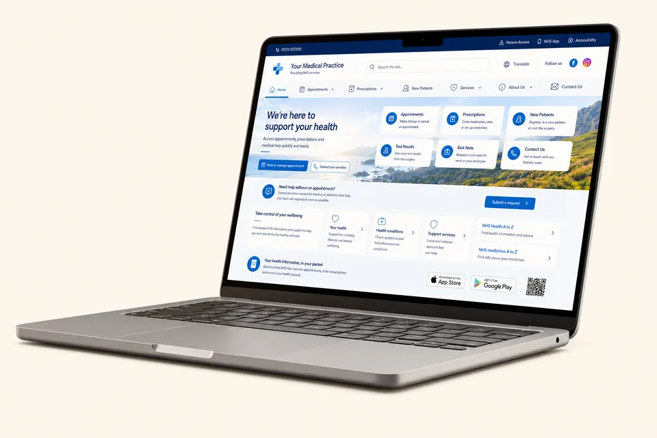 A GP surgery website shown on a laptop