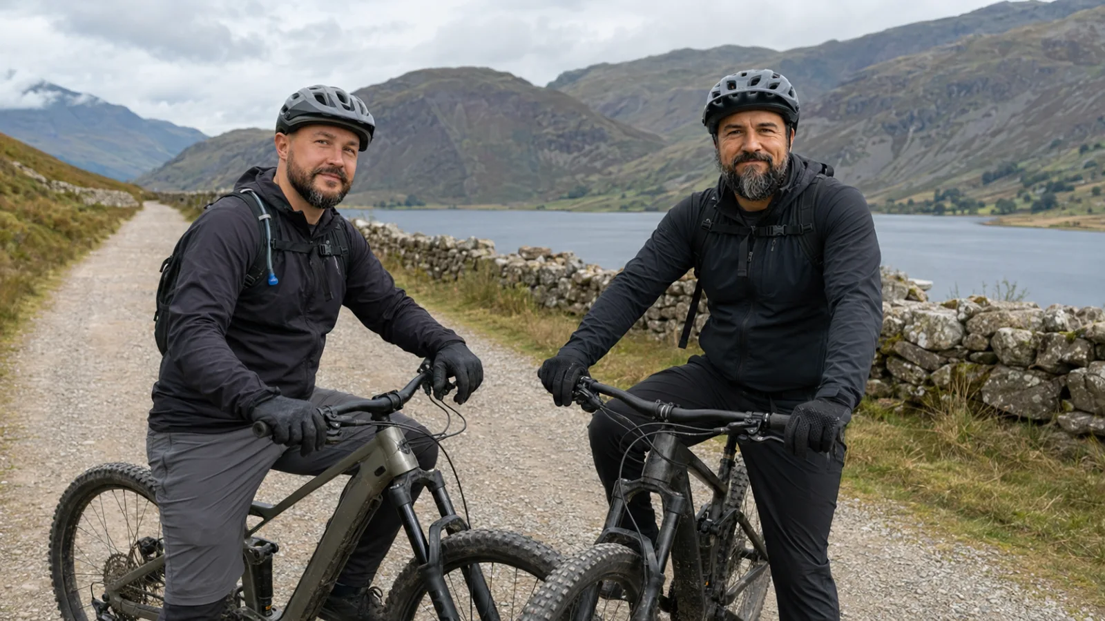 Paul and Seb with mountain bikes beside a lake in the Lake District